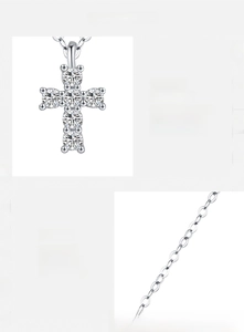 Macro detail of S925 silver cross pendant featuring D color VVS1 moissanite diamonds