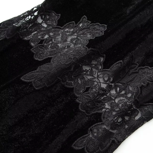 Fashionable black velvet dress featuring intricate lace embroidery and smooth fabric texture
