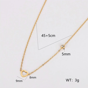 Gold stainless steel hollow heart necklace with crystal pendant, 45cm chain length