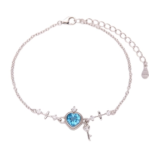 S925 sterling silver bracelet with heart blue topaz stone and a small key charm