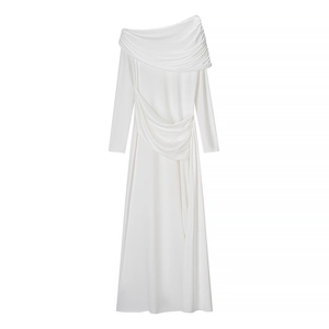 Elegant white one-shoulder long sleeve mesh dress with pleated waist and silky finish