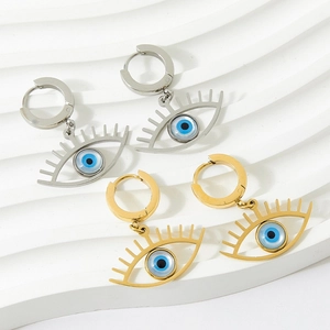 Boucles D'oreilles Créoles Mauvais Œil En Acier Inoxydable Avec Design De Cils Émail Bijoux Pour Femmes Personnalité