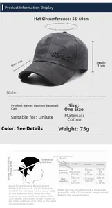 Size guide for camouflage baseball cap showing dimensions and head circumference chart