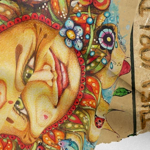 Detailed texture of bohemian sun face tapestry with vibrant artistic printed fabric
