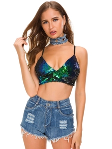 Sexy V-neck sequined gradient blue crop top with denim shorts and matching choker