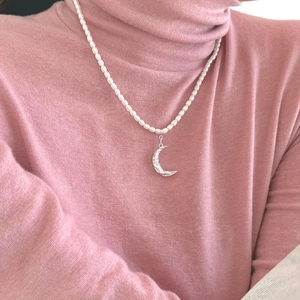 Crescent Moon Pendant Artificial Pearl Necklace 925 Sterling Silver Hammered Texture Vintage Korean Style Elegant Jewelry For Women