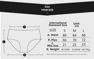 Size chart for women cotton thong showing waist and hip measurements in centimeters
