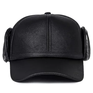 Herren Winter Ohrenschutz Baseballkappe Kunstleder Plüsch Gefüttert Warm Winddicht Schwarz Outdoor Sport Hut