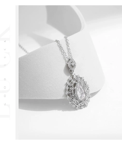 Detailed macro view of S925 silver pear-shaped sparkling drop pendant necklace