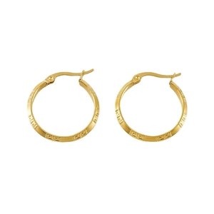 Golden stainless steel round earrings with classic Greek key pattern on white background
