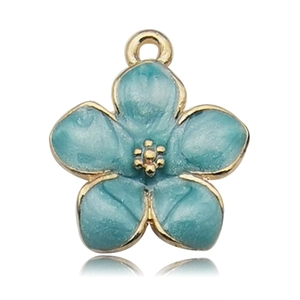 Light blue enamel cherry blossom flower charm with golden trim and polished reflection