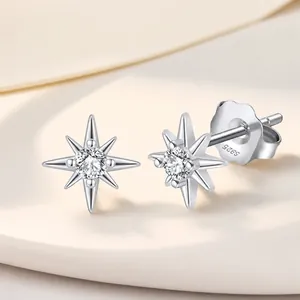 Starburst Stud Earrings With 925 Sterling Silver Earring Post Cubic Zirconia North Star Geometric Fashion For Women