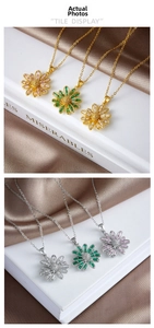 Detailed tile display of daisy pendant necklaces in gold and silver finish with colorful zircon
