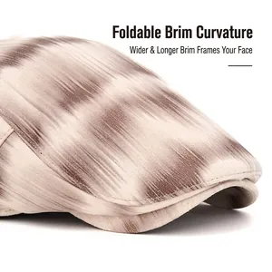 Tie-dye newsboy hat with foldable wide brim and premium textured brown and white fabric