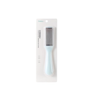 Close-up of dual-sided stainless steel foot rasp with ergonomic blue handle for pedicure