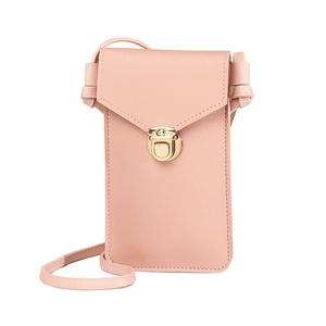 Pink faux leather touchscreen phone crossbody bag with gold rotating metal lock