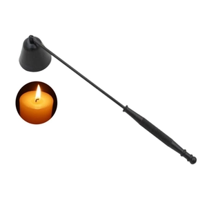 Detailed view of black bell-shaped candle snuffer with a long handle and usage scene