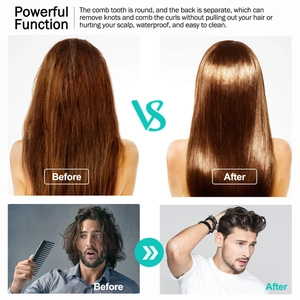 Detail view showing hair detangling results on straight and curly hair with vented brush