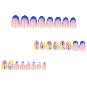 Blue French press-on nails set featuring lemon, blueberry, and floral patterns
