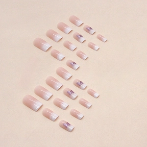 French gradient press-on nails with purple butterfly and white artistic line design