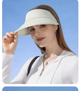 Detail of wide brim UPF50+ sun hat fabric and adjustable strap in beige finish