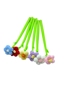 Close-up of 6 creative clover and sunflower gel pens with colorful plush floral tops