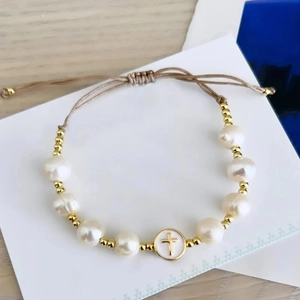 Handmade baroque pearl beaded bracelet with gold cross charm and adjustable wax cord