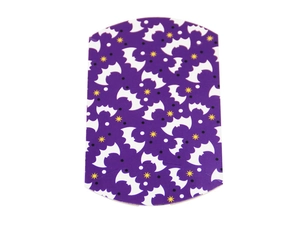 Detail view of purple Halloween pillow box featuring white bats and yellow stars