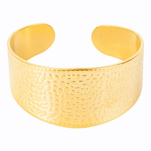 Minimalist gold-plated stainless steel C-shape open cuff bracelet with hammered texture