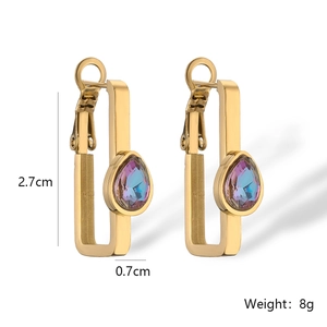 Detail view showing measurements 2.7cm length of gold U-shaped earrings with rainbow crystals