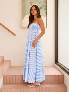Women's blue and white striped backless maxi dress with a large A-line flared hemline