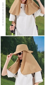 Detail of khaki outdoor sun hat featuring waterproof fabric and large neck protection cape