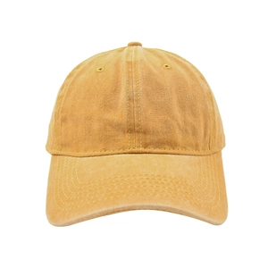 Detail of orange washed cotton baseball cap showing vintage texture and stitching