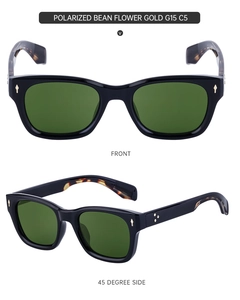 Close-up of polarized square sunglasses with dark green G15 lenses and gold rivet accents