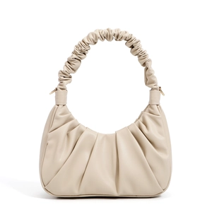 Chic beige pleated cloud shoulder bag with gathered handle and gold hardware