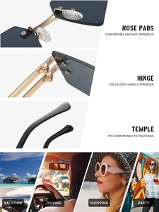 Detail view of rimless square sunglasses with gold metal temples and soft nose pads