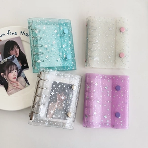 Mini laser PVC binder covers in green, white glitter, clear, and purple for photo storage