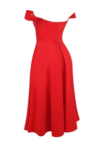 Side-back view of a red off-shoulder midi dress featuring a slim fit and waist-cinching cut