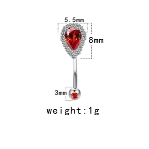 Silver stainless steel belly button ring with red teardrop crystal and dimensions