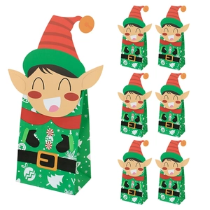 Christmas elf themed paper food gift bags in festive red and green with cute cartoon design