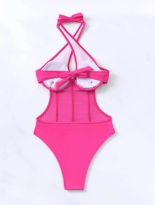 Hot pink one-piece swimsuit featuring halter neck cross ties and sheer mesh paneling details