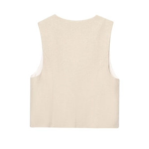 Vue arrière du gilet minimaliste en lin beige pour femme avec texture de tissu haut de gamme