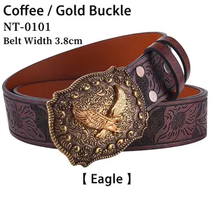 Detail of 3.8cm coffee floral embossed leather belt with gold eagle buckle NT-0101