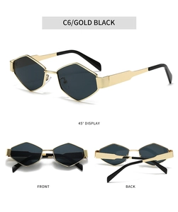 Múltiples vistas de gafas de sol geométricas de metal dorado con lentes negras