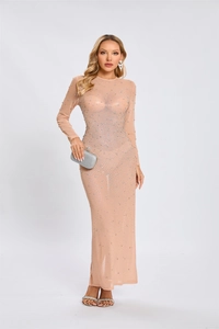 Close-up of nude mesh long sleeve dress with shimmering silver rhinestone embellishments