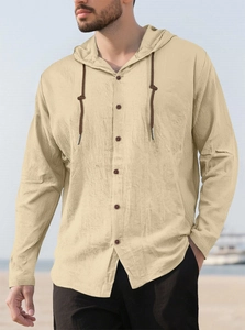 Apricot linen blend hooded long sleeve shirt with button placket for casual beach wear