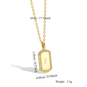 Gold square letter J pendant necklace with white zircon border and dimensions