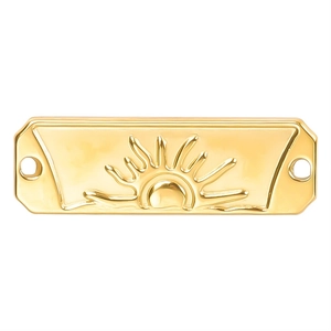 Detailed macro view of a 18k gold plated sunburst rectangular charm with double holes