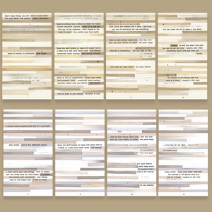 Flat lay of vintage Small Talk stickers with inspirational quotes for DIY scrapbooking