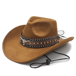 Western Cowboy Hat Faux Suede Wide Brim Bull Head Ornament Rivets Rhinestones Vintage Outdoor Adjustable Strap Unisex